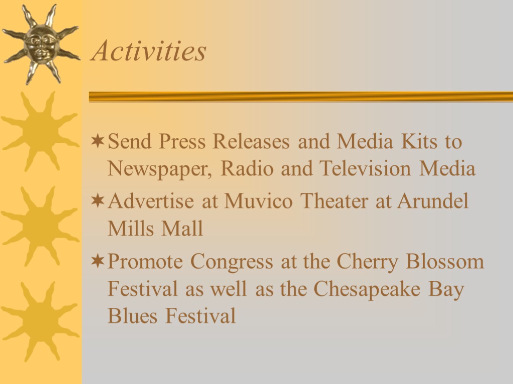 Activities Send Press Releases and Media Kits to Newspaper, Radio and Television Media Advertise